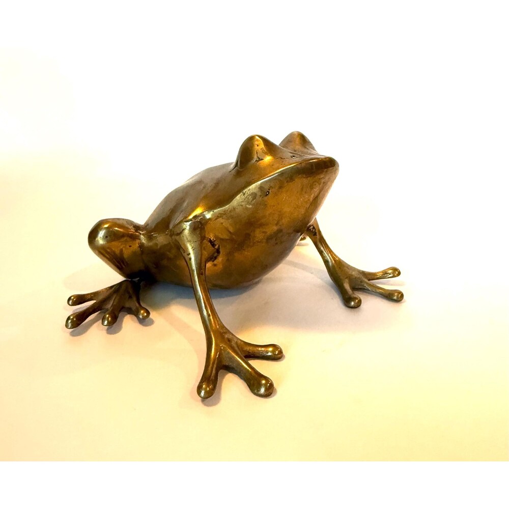 Vintage Large Brass Frog Sculpture, MCM Home Decor (6" x 6.5" x 3.5")